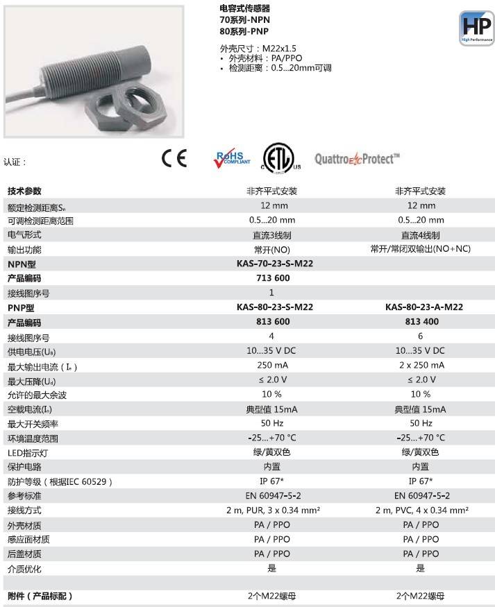 瑞奇能 KAS-70-23-S-M22 产品编码：713600 电容式接近开关-产品手册