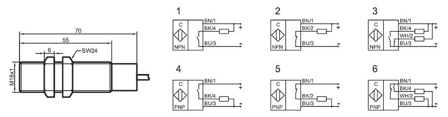 瑞奇能 KAS-70-A13-A-K-PTFE 产品编码：KA0385 电容式接近开关-尺寸图