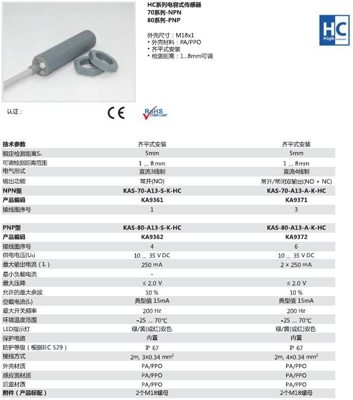 瑞奇能 KAS-70-A13-S-K-HC 产品编码：KA9361 电容式接近开关-产品手册