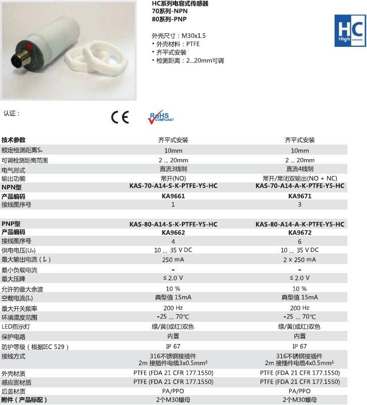 瑞奇能 KAS-70-A14-A-K-PTFE-Y5-HC 产品编码：KA9671 电容式接近开关-产品手册