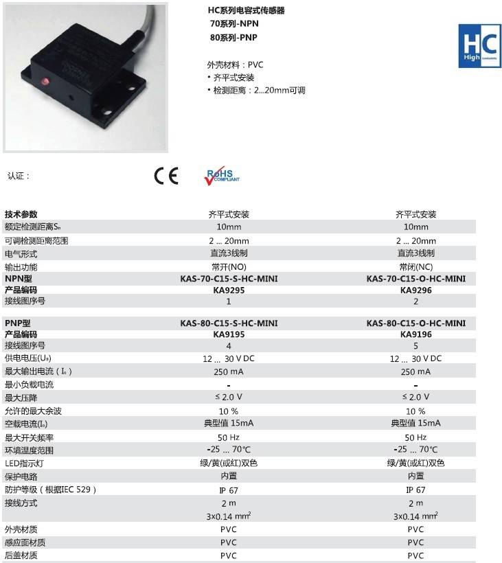 瑞奇能 KAS-80-C15-O-HC-MINI 产品编码：KA9196 电容式接近开关-产品手册