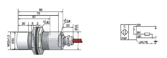 瑞奇能 KAS-80-35-O-M32-PTFE/Ms-Pg9 产品编码：822024 电容式接近开关-尺寸图